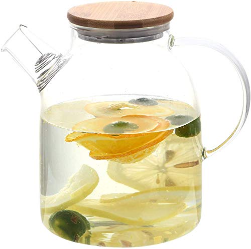 Image of Borosilicate Glass 1.8 LTR Water Jug with Handle, Juice Beverage Carafe with Bamboo Lid, Big Glass Iced Tea Pitcher, 1 Pcs Set (Borosilicate 1.8 Liter Kettle)
