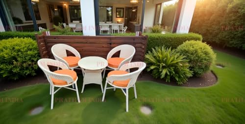 Image of India Outdoor Indoor 4+1 Piece All Weather Wicker Patio Chair and Table Set with Iron Frame for Balcony Garden Poolside Deck (Cream with Light Orange Cushion)