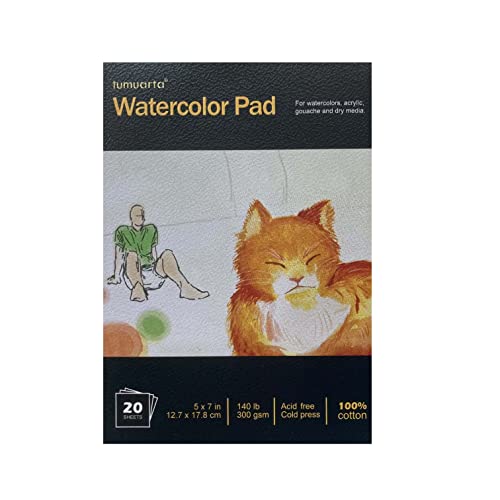 Tumuarta Watercolor Paper Pad 100% Cotton, 5X7”, 140 Lb, 300 Gsm, 20 Sheets, Natural White, Acid Free, Cold Press, Watercolor Mixed Media Sketch Books For Watercolors, Acrylic And More. #TOP5