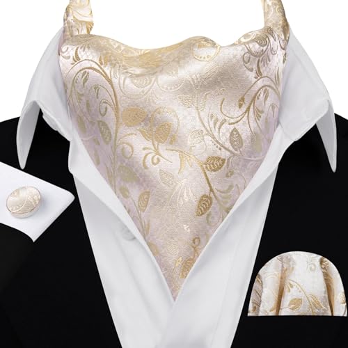 Image of Barry.Wang Ascot Ties Cravat Tie Men Paisley Plaid Scarf Self Tie Pocket Square Cufflinks Set Wedding Party
