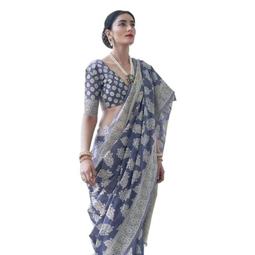 Image of MADHUHANSH Women's Cotton Linen Saree with Unstitched Blouse Piece and Floral Printed Pattern | Women Saree for Special Occasion | Stylish Modern Sarees