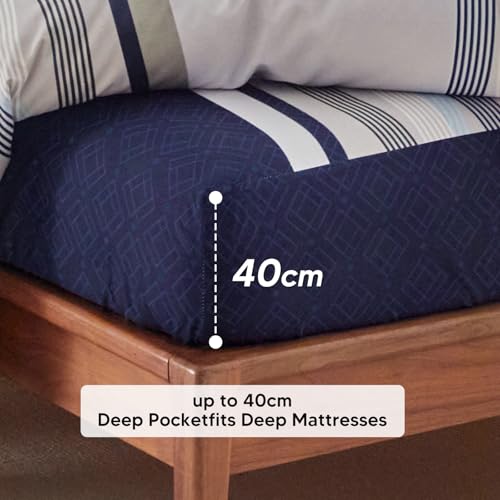 Tokokimo King Size Duvet Cover Sets 4 Piece Dark Blue Bedding Set with Fitted Sheet - Soft Microfiber King Size Bedding (1x Duvet Cover, 2x Pillowcases, 1x 40cm Deep Fitted Sheet) Dark Blue Stripe - Image 5