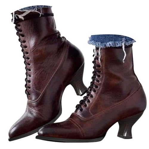 Victorian Boots for Women Vintage Granny Boots Renaissance Mid Calf Boot Costume Lace Up Low Heel Goth Booties with Zipper Kitten Heel Short Boot Shoes