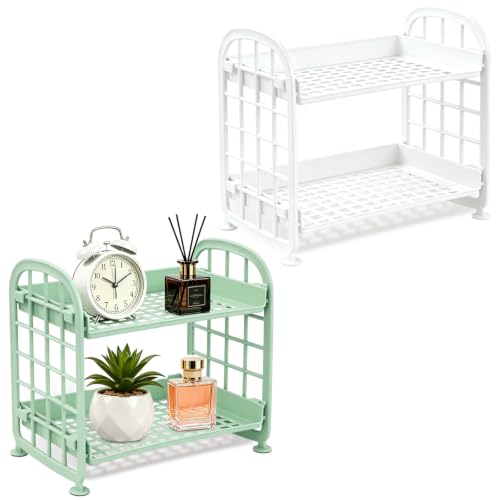 Image of 2 Pcs Desktop Rack Cosmetic Stationery Storage Holder, 2-Tier Multifunctional Plastic Shelf Makeup Organizer for Skincare Office Kitchen Bedroom Bathroom Home (Light Green + White)