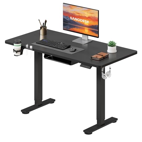 SANODESK Höhenverstellbarer Schreibtisch 110×54 cm – Kompakter Standing Desk mit praktischem Zubehör, ideal für kleine Räume, leise & sicher mit Anti-Kollisions-Schutz(schwarz)