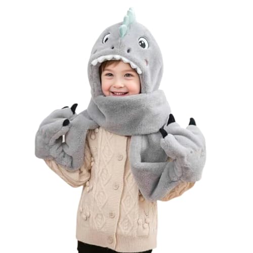Kids 3-in-1 Hooded Hat Gloves Scarf Set,Cute Dinosaur Faux Fur Hat Plush Warm Earflap Beanie for Boys Girls4