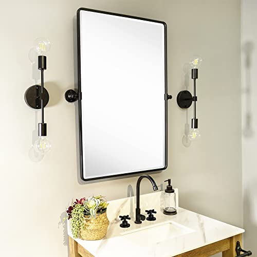 Image of Farmhouse Pivot Rectangle Bathroom Mirror Black Metal Framed Tilting Beveled Vanity Mirrors for Wall 20x30''