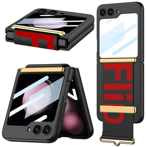 NINKI Compatible Samsung Galaxy Z Flip 6 Case with Hand Strap & Stand,Shockproof PC+PU Leather Slim Cover Screen Protector Case for Samsung Z Flip 6 Case with Stand,Galaxy Z Flip 6 Case Strap Black