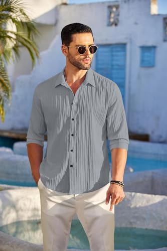 Image of FINIVO FASHION Men's Casual Cotton Polyester Blend Plain Button Down Shirt Long Sleeve Textured Summer Beach Shirt for Men