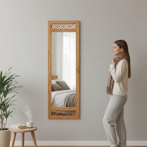 Image of APRODZ Floor Mirror Full Length with Solid Sheesham Wood Frame | Rectangular Standing Mirror for Bedroom Living Room Hallway and Dressing Area | Full Length Dressing Mirror, Natural Wooden
