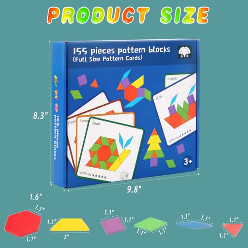 Image of 155 Pcs Wooden Pattern Blocks Christmas Stocking Stuffers Kids Toddlers, Math Games Shapes Blocks Homeschool Supplies with Cards Tangram Puzzles Montessori Educational Learning Toys for Kids Ages 4-8