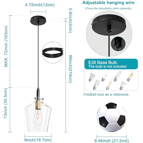 Image of Glass Pendant Lighting for Kitchen Island 1 Pack Black Gold Clear 8 Inch | Adjustable cord Dimmable, E26 bulbs, Rust-resistant Damp Rated For Bathrooms, 5-Year Manufacturer Warranty, UL Certification