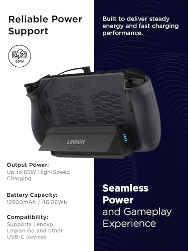 Image of Lenovo Legion Go 65W 12800 Power Bank, Portable Power for Handheld Gaming and Other Devices, USB-C Integrated Cable, Magnetic Attach, Built-in Stand, Black