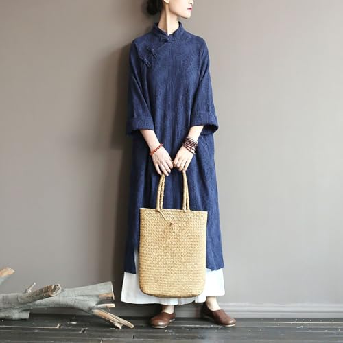 Image of LUZU JUNU Spring Women Dresses Chinese Dress Traditional Collar Vintage Cotton Linen Robe Cheongsam Dresses