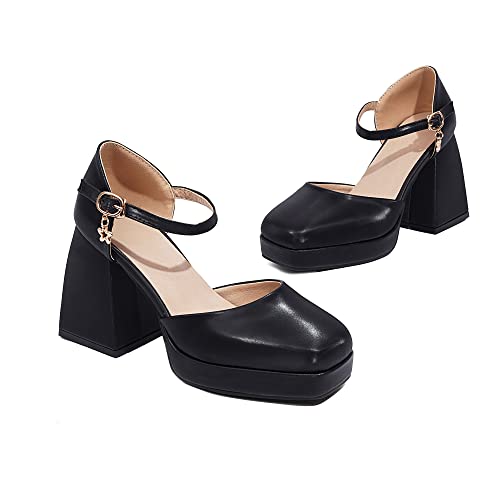 YIYA Women's Chunky Heels Platform Mary Jane Shoes Adjustable Ankle Strap Star Buckle Square Toe Block High Heel Dress Pumps Shoes2