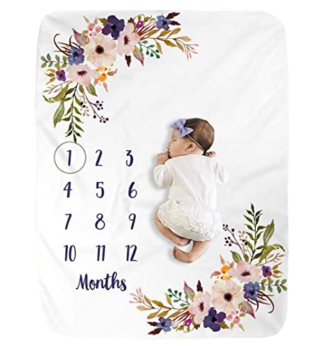 Image of Baby Monthly Milestone Blankets Soft Floral Memory Blankets Girls Boys Cute Photo Background Blankets Baby Stuff Shower Gifts Purple