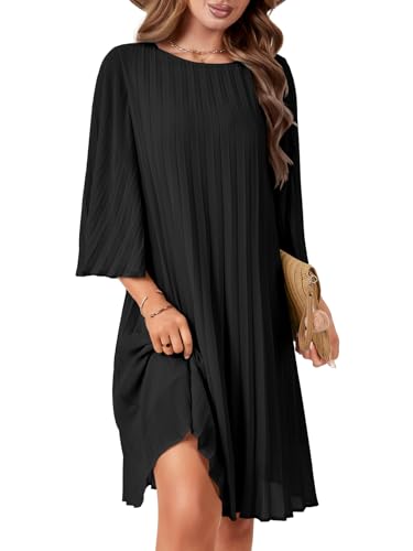 Rooscier Women's 3/4 Sleeve Pleated Crew Neck Keyhole Back Flowy Loose Fit Midi Dress4