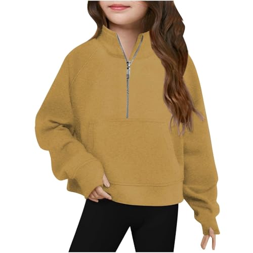 Kids Girls Half Zipper Sweatshirts Solid Color Long Sleeve Kangaroo Pocket Athletic Pullovers Fall Comfy Casual Tops3