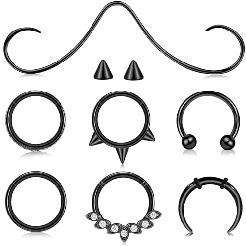 ONESING 7 Pcs Black Septum Rings 16G Septum Jewelry Stainless Steel Horseshoe Clicker Mustache Septum Piercings Hypoallergenic Helix Daith Tragus Lip Hoop Nose Piercing Jewelry for Women Men 10mm