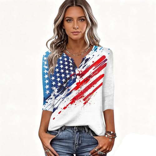 Image of 4th of July Shirts Women 3 /4 Length Sleeve Womens Tops Henley Neck Casual Patriotic T Shirts