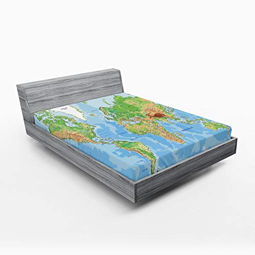 Ambesonne World Map 2 Pack Fitted Sheet, Classic Earth Continents, Bed Cover All-Round Elastic Deep Pockets 2 Pieces, Package Contains 2 Full Size Fitted Sheets, Multicolor
