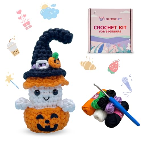 Halloween Pumpkin Ghost Crochet Kit for Beginners Learn to Crochet Starter Set with Video Tutorial & Crocheting Manual Easy Yarn Knitting Project for Adult & Kid 12+ DIY Stuffed Doll Gift Idea