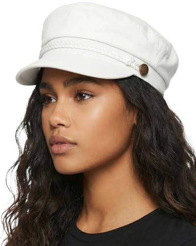 Funky Junque Cotton Newsboy Hat for Women – Trendy Greek Fisherman Cap, Classic Baker Boy Newsies Hats, Stylish Lightweight Ladies Cap - White