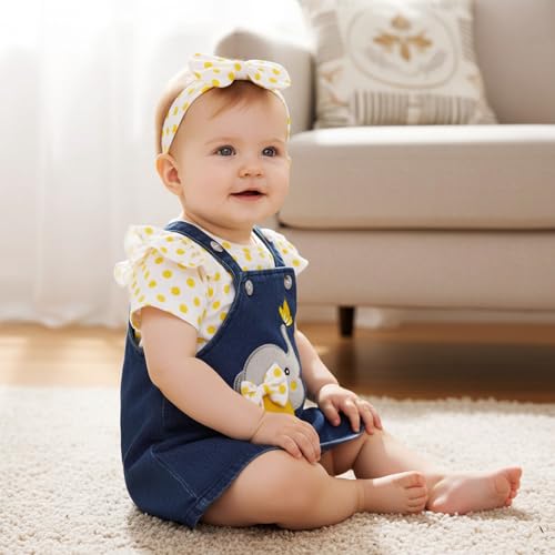 Image of Baby Girl Clothes Newborn Ruffle Romper Elephant Jeans Skirt 0-18M | Soft Romper, Adjustable Jean Skirt with Headband Elephant Butterfly Design, Snap Closure, Everyday Wear