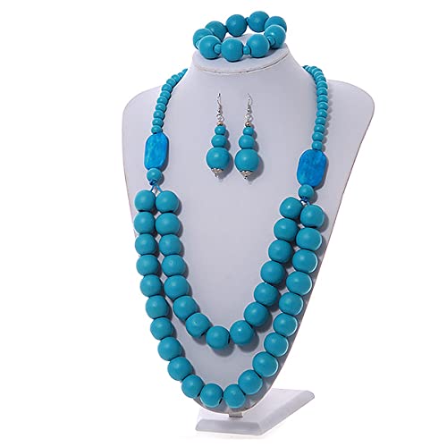 Collar de cuentas de madera largo de 90cm pulsera ajustable y pendientes turquesas 2