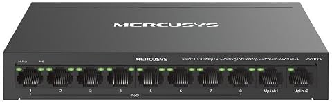 Mercusys MS110CP | 10 Port PoE+ Switch | 8 Port PoE Kamera Switch | 2 Gigabit Uplink | 65W | 250m Extend | VLAN | Network Switch | Güvenlik Sistemi Uyumlu