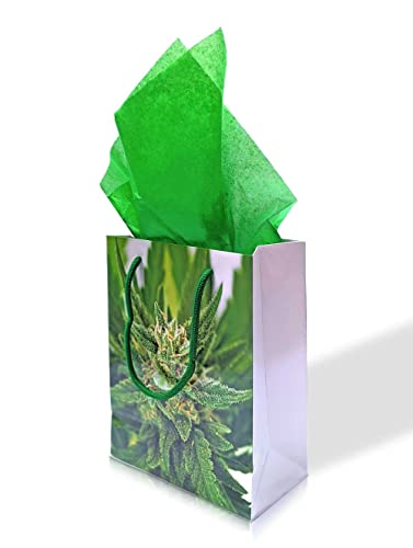 Gift Bag with Tissue, Medium Size, Marijuana Bud Print, with Cotton Handles, for Christmas, Holiday, Birthday, Wedding, Bachelor, and Bachelorette Occasions