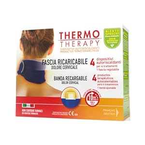 Thermo Therapy Banda recargable para dolor cervical, No contiene fármacos, Duración del calor hasta 10 horas, Caja con 1 banda regulable + 4 dispositivos terapéuticos autocalentables