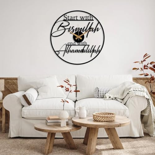 Image of Metal Arabic Number Wall Clock | Silent Big Size Clock for Home Decor, Muslim Gifts (Black DA-155, 50 CM)