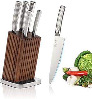 Bill.F Knife Set, 6-Piece Kitchen Knife Set with Wooden Block, Stainless Steel Handle Chef's Knife Block Set with Chef Knife, Bread Knife, Slicer Knife, Utility Knife, Paring Knife