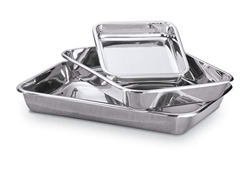 Hammer Stahl 3 Piece Rectangular Bakeware Set - Heavy Gauge 18/10 Stainless Steel - Multi Size Roasting Pan Set