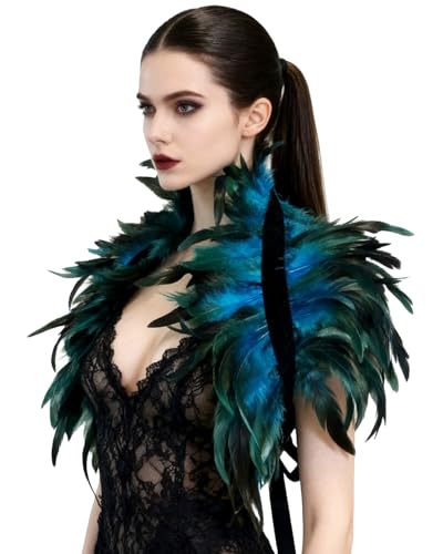 LVOW Victorian Real Natural Feather Shrug Shawl Shoulder Wrap Cape Gothic Collar (Blue)