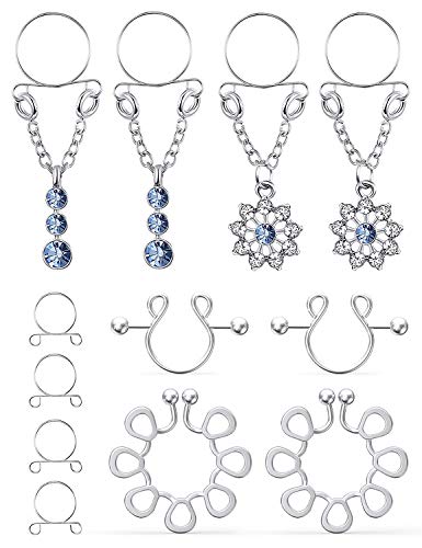 Hoeudjo 4 Pairs Stainless Steel Fake Nipple Rings for Women Adjustable Non-Piercing Dangle Nipplerings Clip On Nipple Rings Jewelry