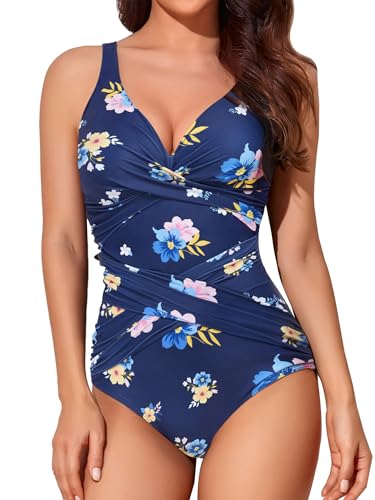 Image of Smismivo Tummy Control Swimsuits for Women Slimming One Piece Bathing Suit Retro Ruched Push Up Vintage Padded Swimwear