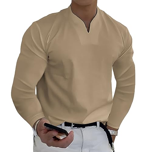 JEKE-DG Fashion V Neck Shirt for Men Long Sleeve Cotton Workout Casual Shirts Muscle Slim Fit Shirts with Pocket (4X-Large,Khaki)