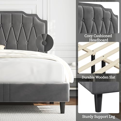 Yaheetech Queen Bed Frame Velvet Upholstered Platform Bed with Curved Headboard, Height-Adjustable Headboard/Noise-Free/Wooden Slats Support/No Box Spring Needed/Easy Assembly, Dark Gray Queen Bed