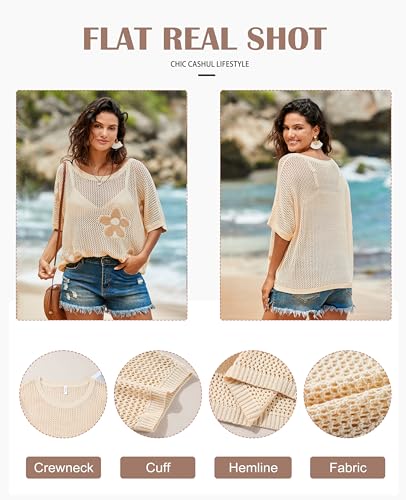 SELINK Flower Crochet Tops for Women Short Sleeve Hollow Out Sweaters Swimsuit Cover Ups Lightweight Knit Pullover4