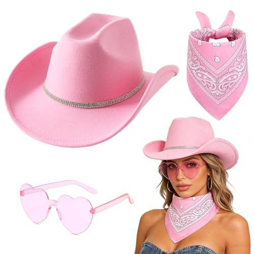 VorPrillynt Cowgirl Hut 3PCS Cowboy Set für Damen mit Sonnenbrille und Halstuch Breite Krempe Kostüm Accessoires für Halloween Karneval Cosplay 01