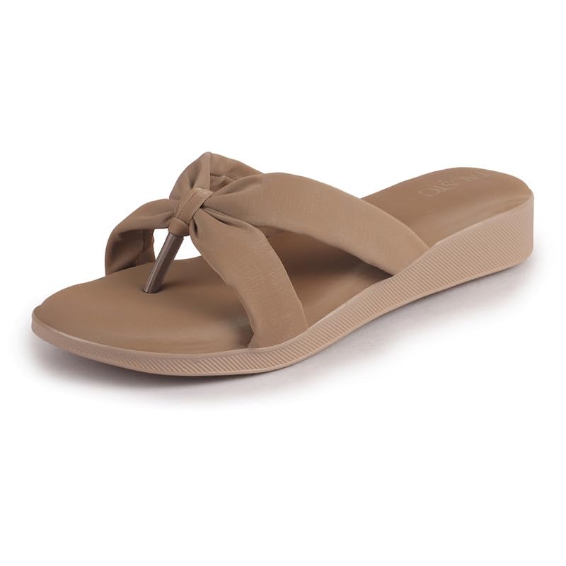 Image of FAUSTO Women Bow Design Dual Strap Office Party Ortho Slip On Sandals | T-Strap Thong Slippers | Light Traditional Outfits, Festive Kurtis, Salwar Suit Set