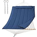 SUNCREAT Hammocks Outdoor Double Hammock with Hardwood Spreader Bar, Heavy Duty Cotton Rope Hammock with Polyester Pad, Dark Blue