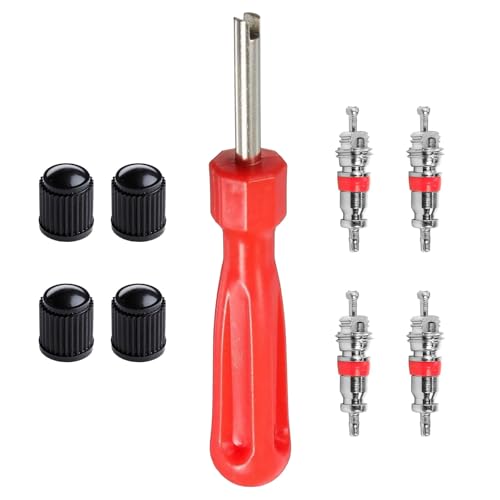Estrattore valvola, chiave per valvola auto, rosso, testa singola, strumento valvola pneumatico, con 4 inserti per valvole e tappi per valvole pneumatici, per auto, moto, bicicletta, camion strumento