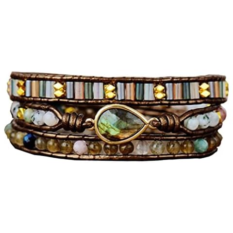 Starto Boho Wrap Bracelets Natural Jasper Crystal Stone Variety Beads Strand Bracelet…, Leather, Agate Cover