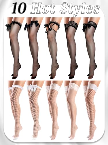 Image of Fourluoo 10 Pairs Silk Fishnet Thigh High Stockings Women Lace Top Sheer over Knee Stocking for Halloween