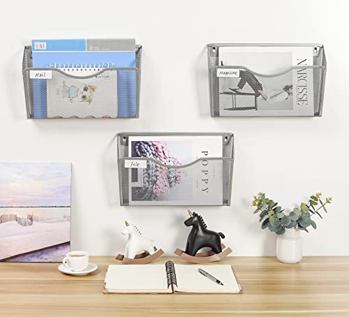 Easypag Mesh Wall File Holder 3 Pockets Hanging File Folder Organizer For Home And Office With Nametag Label, Silver #TOP5