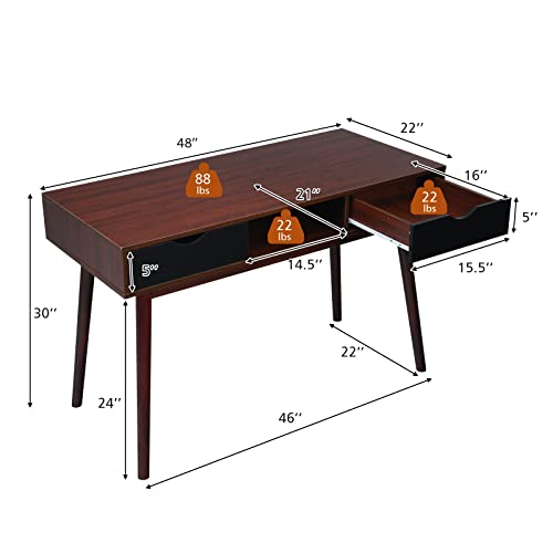 Tangkula Mid Century Desk With Storage Drawers & Solid Wood Legs, Home Office Writing Study Desk With Storage Compartment, Laptop Pc Workstation For Study Room, Vanity Table For Bedroom #TOP2
