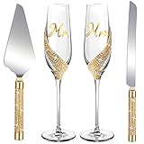Wedding Champagne Flutes and Cake Server Set-Include Champagne Flutes Glasses, Cake Cutting Set for Wedding, Wedding Toasting Flutes for Bride and Groom, Wedding Reception Supplies